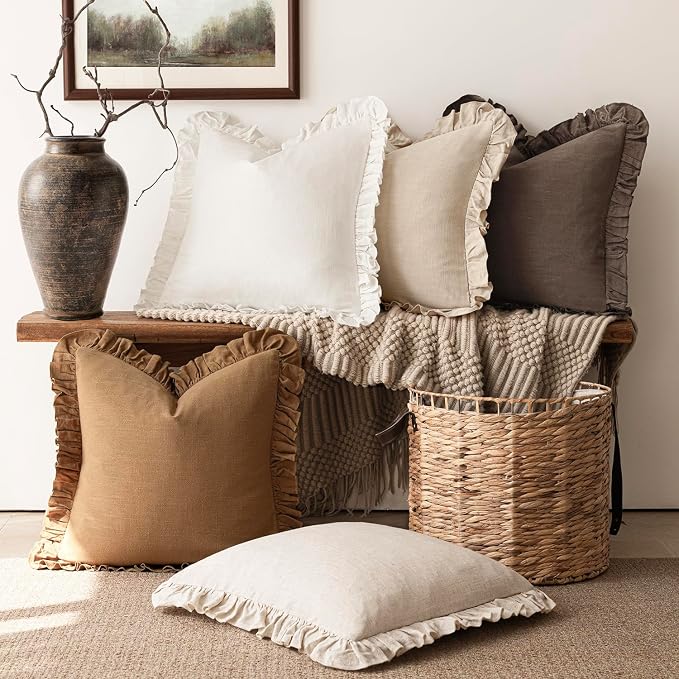 Foindtower Set of 2 Decorative Soild Fringe Ruffle Throw Pillow Covers Soft Boho Farmhouse Cushion Cover Cozy Accent Retro Pillowcase for Couch Sofa Bed Living Room Home Decor,18×18 Inch,Orange Brown