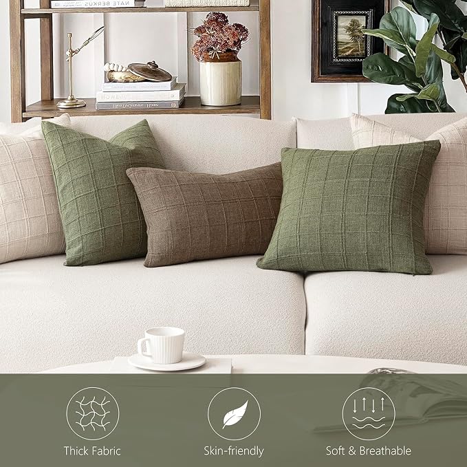 Foindtower Set of 2 Decorative Linen Check Throw Pillow Covers Neutral Farmhouse Vintage Cushion Covers Modern Boho Home Decor for Sofa Chair Couch Bedroom Living Room,26×26 Inch,Sage Green