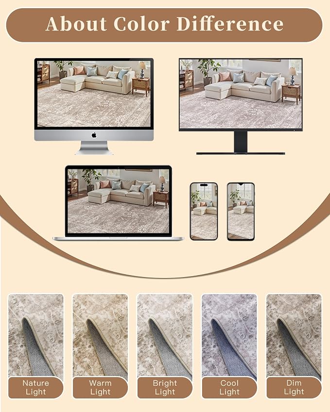 Madane Washable 7x9 Area Rugs for Living Room, Vintage Natural Rug with Non-Slip Backing, Soft Stain Resistant Throw Rugs Thin Carpet for Bedroom Dining Room Farmhouse (7 x 9, Brown/Sand)