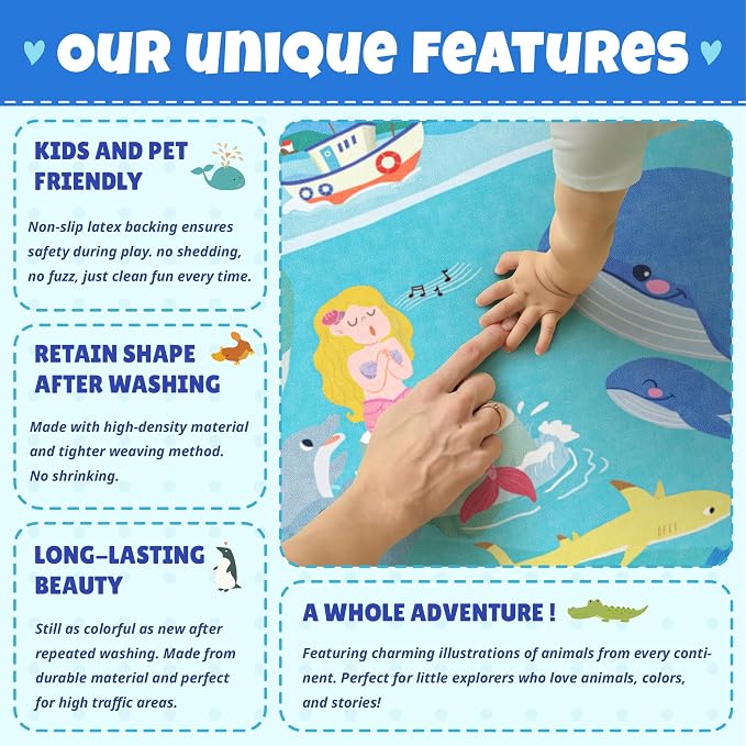 5x7 Ocean Rug for Kids Room – Large Area Rug with Beach Wave Whale & Mermaid, Washable Non Slip Learning Carpet for Toddlers, Bedroom or Playroom Décor