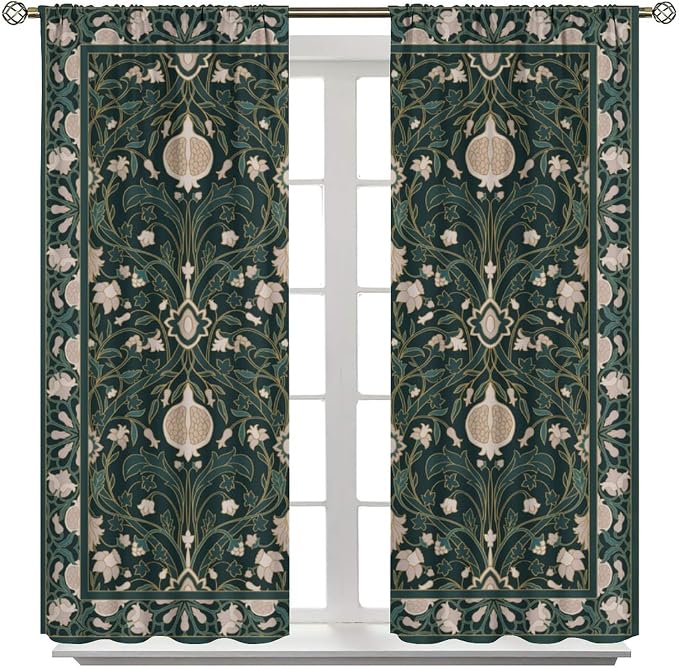 William Morris Floral Blackout Curtains, Vintage Plant Art Flower Green Leaves Boho Window Drapes, for Living Room Bedroom 84" W X 84" L
