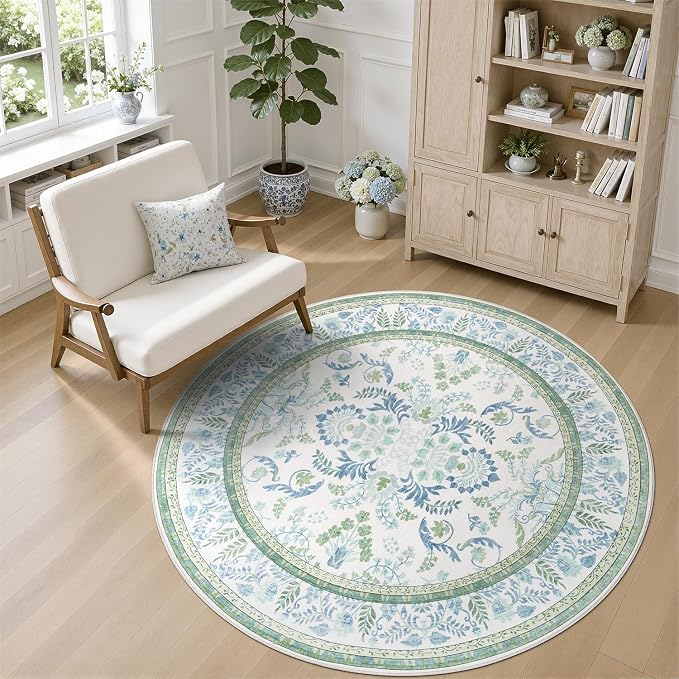 DCX Area Rug 5x5 Botanical Floral Washable Rugs in Green and Blue Soft Non Slip Low Pile Stain Resistant Round Carpet for High-Traffic Areas Bedroom Kitchen