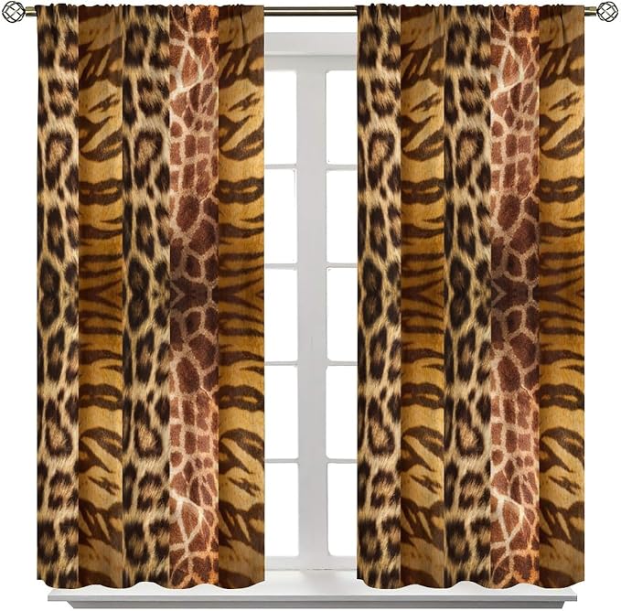 Leopard Print Blackout Curtains, Retro Wild Animal Skin Farmhouse Fur Leopard Print Rod Pocket Curtain Window Treatments 2 Panels Drapes for Kitchen Bedroom Living Room Office Deocr 42"W X 63"L