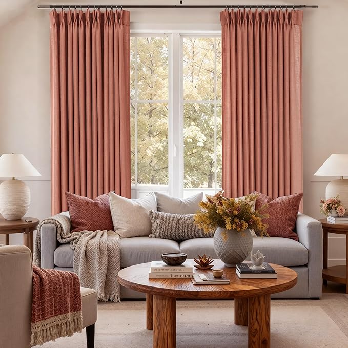 Terracotta Pinch Pleated Linen Curtains 102 Inch Length 2 Panels for Living Room Bedroom Textured Semi Sheer Drapes Pinch Pleat Rings Window Curtain 40x102