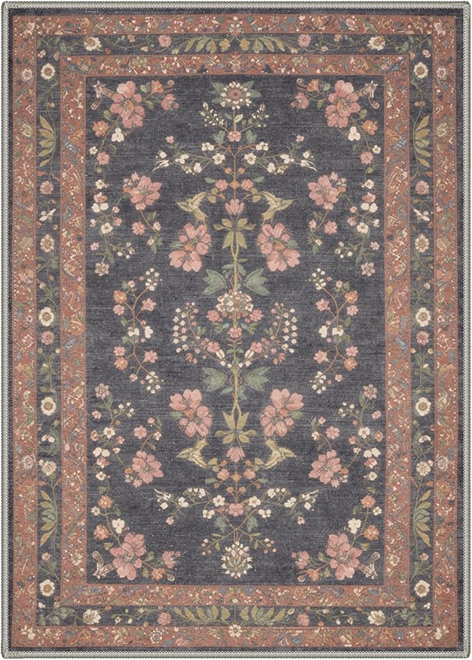GENIMO 5x7 Area Rugs for Living Room, Machine Washable Non Slip Vintage Rugs, Low Pile Lightweight Chenille Print Rug for Bedroom, Dining Room, Home Office, Dusty Charcoal