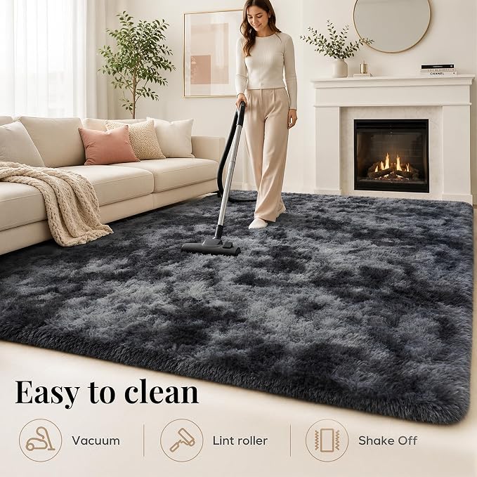 Area Rug for Living Room Bedroom:6x9 Black Grey Soft Fluffy Shag Upgrade Non-Slip High Pile Carpet Large Fuzzy Plush Indoor Floor Decor Shaggy Rug for Kid Boys Girls Playroom Nursery Modern Home