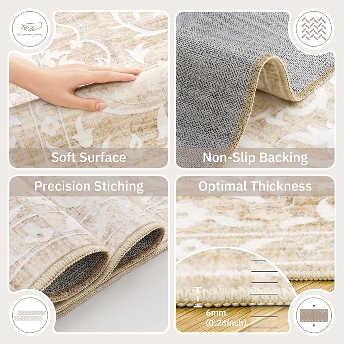 Soalmost 6x9 Area Rugs for Living Room, Washable Neutral Soft Rug Beige | Vintage Floral Non-Slip Low Pile Throw Large Carpet for Dining Room Bedroom Kitchen Home Office Nursery 6'x9'