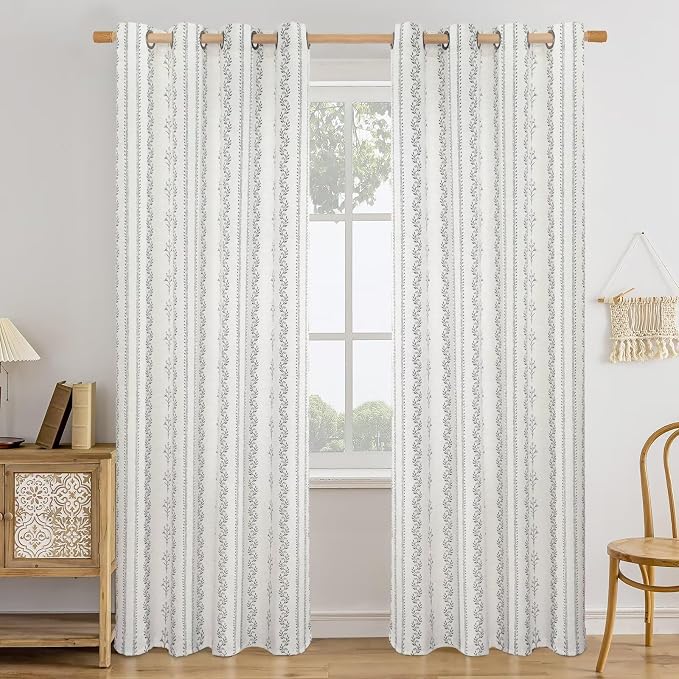 BGment Boho Curtains for Living Room 2 Panels, Grey Farmhouse French Country Vintage Floral Botanical Cottage Core Light Filtering Semi Sheer Linen Curtains 84 Inches Long, Each Panel 52 Inches Wide