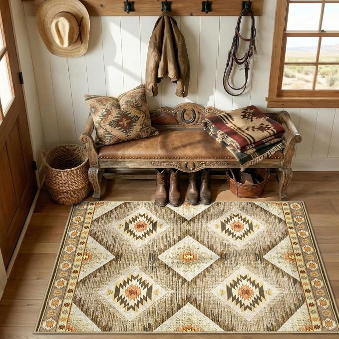 Area Rug 8x10 Rug Machine Washable Non-Slip Low Pile Print Pattern Western Rug for Living Room Bedroom Entryway Tribal Series -Cream/Camel