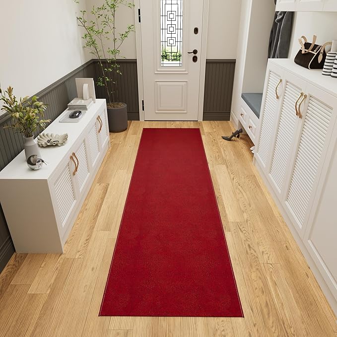 Ottomanson 2'7" x 19' Ultra-Thin Hallway Runner Rug - Durable Non-Slip Carpet for High-Traffic Areas - Fits Under Doors for Seamless Entry - Ideal for Kitchen, Entryway, Bedroom & Living Room, Red