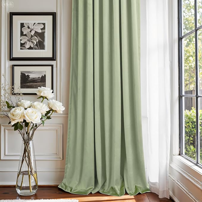 102 Inch Curtains Sage Green Velvet Long Curtain for Living Room Darkening Thermal Classic Solid Heavy Duty Neutral Window Drape for Bedroom Aesthetic Hallway Cottage Core Retro Holiday Decor 2 Panels