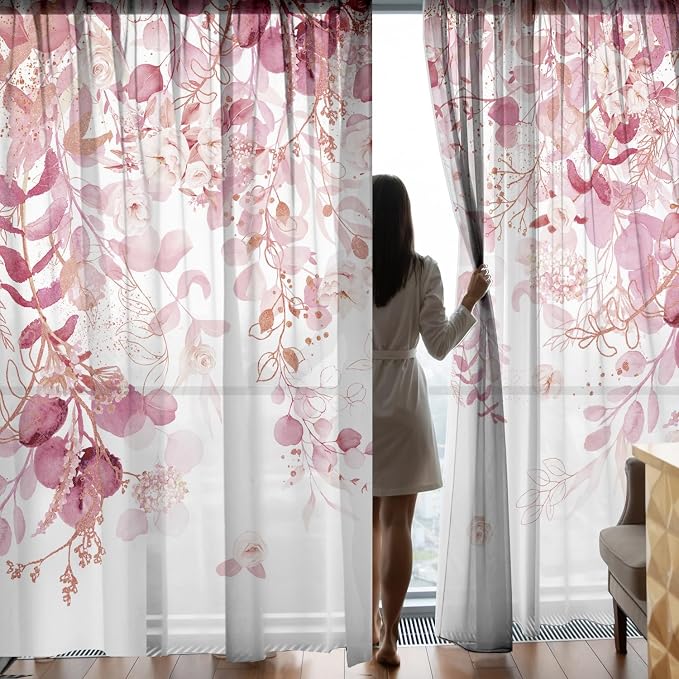 Pink Floral Leaf Sheer Curtains for Girls Bedroom, Botanical Farmhouse Light Filtering Privacy Semi-Sheer Cute Light Pink Curtains for Kids Nursery 84 Inches Long 2 Panels,Rod Pocket,Each 52 Inch Wide