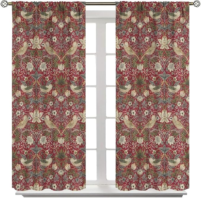Boho William Morris Blackout Curtains, Retro Bird Plant Natural Flower Pattern Print Window Drapes, for Living Room Bedroom 31.5(W)*63(L) 2 Panels