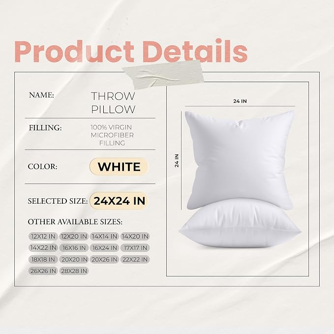 Utopia Bedding 24x24 Pillow Inserts, Set of 2, White – Indoor Decorative Throw Pillows for Bed, Sofa & Couch – Soft, Supportive & Fluffy Cushion Inserts
