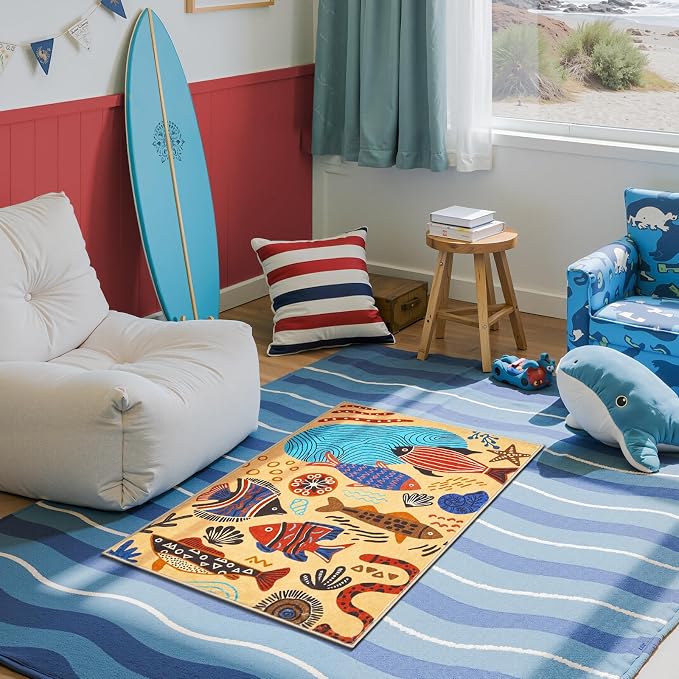 jinchan 2x3 Coastal Area Rug Kids Washable Fun Rug Colorful Ocean Fish Small Mat Non Slip Doormat Lightweight Soft Cozy Throw Carpet for Entryway Nursery Playroom Bedside Dorm Bathroom, Tan