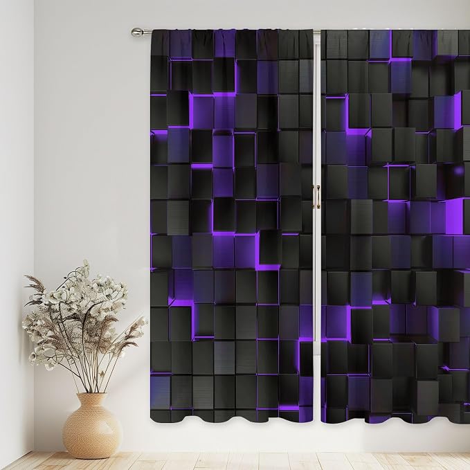 MESHELLY Abstract Black Purple Curtains 52Wx84H Inch Rod Pocket Modern 3D Gradient Design Futuristic Geometric Cubes Bedroom Window Drapes Man Boys Minimalist Printed Living Room Window Treatment