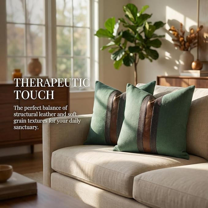 Set of 2 Leather Throw Pillow Covers Cotton Linen Decor Patchwork Pillow Cover Faux Leather Pillows Cover for Couch Sofa Living Room Bedroom,Grass Green 20"x20"