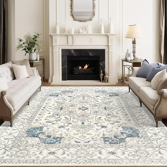 befbee Washable Area Rug 6x9, Area Rugs Stain Resistant Neutral Washable Rugs for Living Rooms Bedroom Vintage Non-Slip Thin Large Size Area Rug(6x9,BeigeBlue)