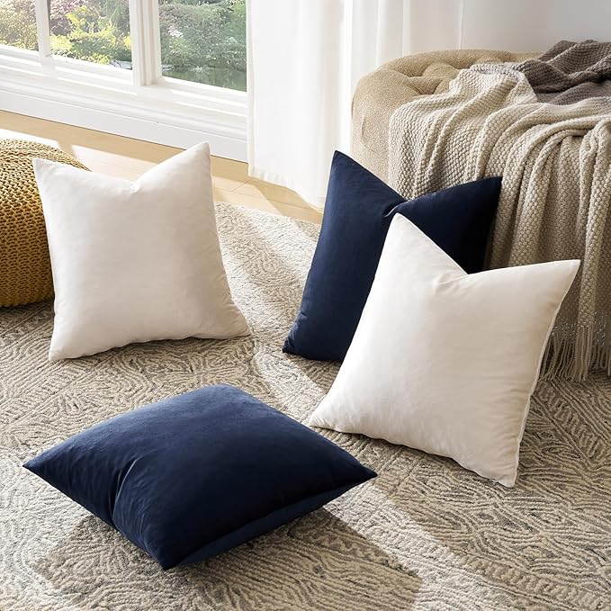 GIGIZAZA Decorative Velvet Pillow Covers - 16x16 Throw Pillows Soft Navy Blue Beige Covers Accent for Couch Living Room Bed Square Modern Luxury Cushion Covers Home Decor Set of 4