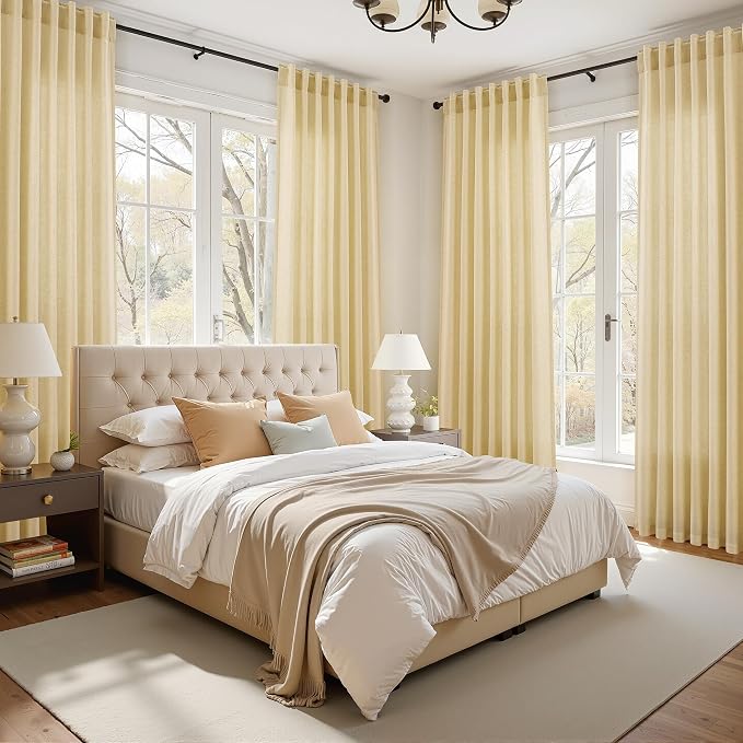 Nanspring Cream Yellow Curtains 96 Inch Length 2 Panels Set for Living Room Linen Light Filtering Modern Farmhouse Curtain Back Tab and Rod Pocket Privacy Sheer Drapes for Bedroom Office 52x96