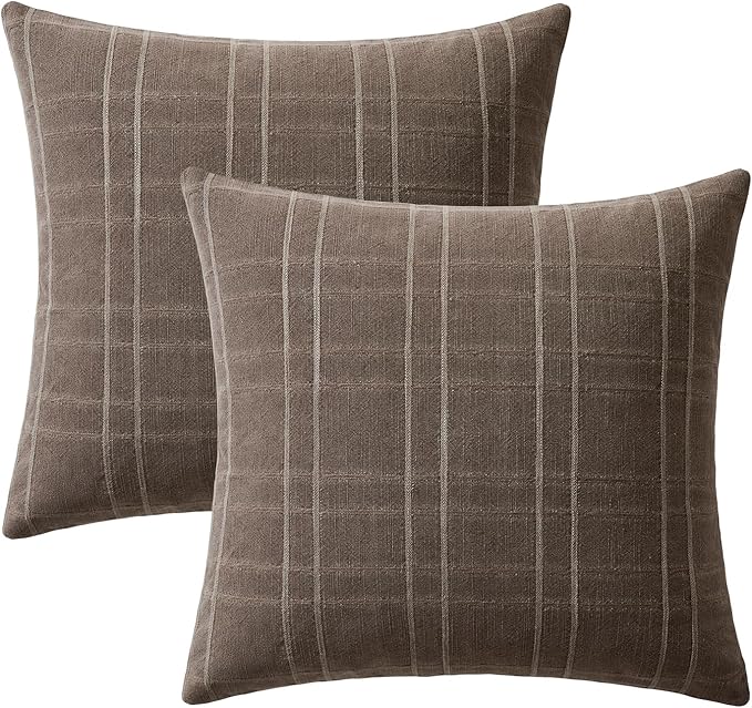 MIULEE Decorative Linen Check Euro Shams Throw Pillow Covers Neutral Farmhouse Vintage Pillow Covers 22x22 Set of 2 Boho Modern Winter Home Decor for Sofa Couch Bedroom Cushion Brown