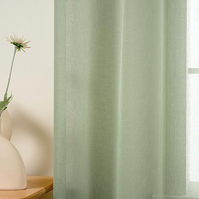 MIULEE 2 Panels Sage Green Semi Sheer Window Curtains Spring Elegant Grommet Top Window Voile Drapes/Treatment Linen Textured Light Green Panels for Bedroom Living Room (54X96 Inches)