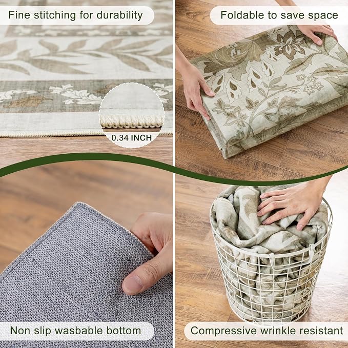LIANLAM Washable Rug 9x12 Area Rugs for Living Room - Stain Resistant Non-Slip Backing Floral Design Rug for Bedroom,Durable & Ultra-Thin Vintage Large Area Rug(9x12,Beige)