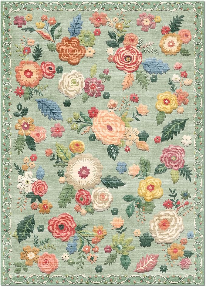 3x5 Bedroom Area Rug Washable: Throw Rugs for Entryway Floral Green Rug Non Slip Low Pile Faux Wool Non Shedding Small Carpet for Living Room Kitchen Bedside Office Dorm Kids Room Entrance Entry