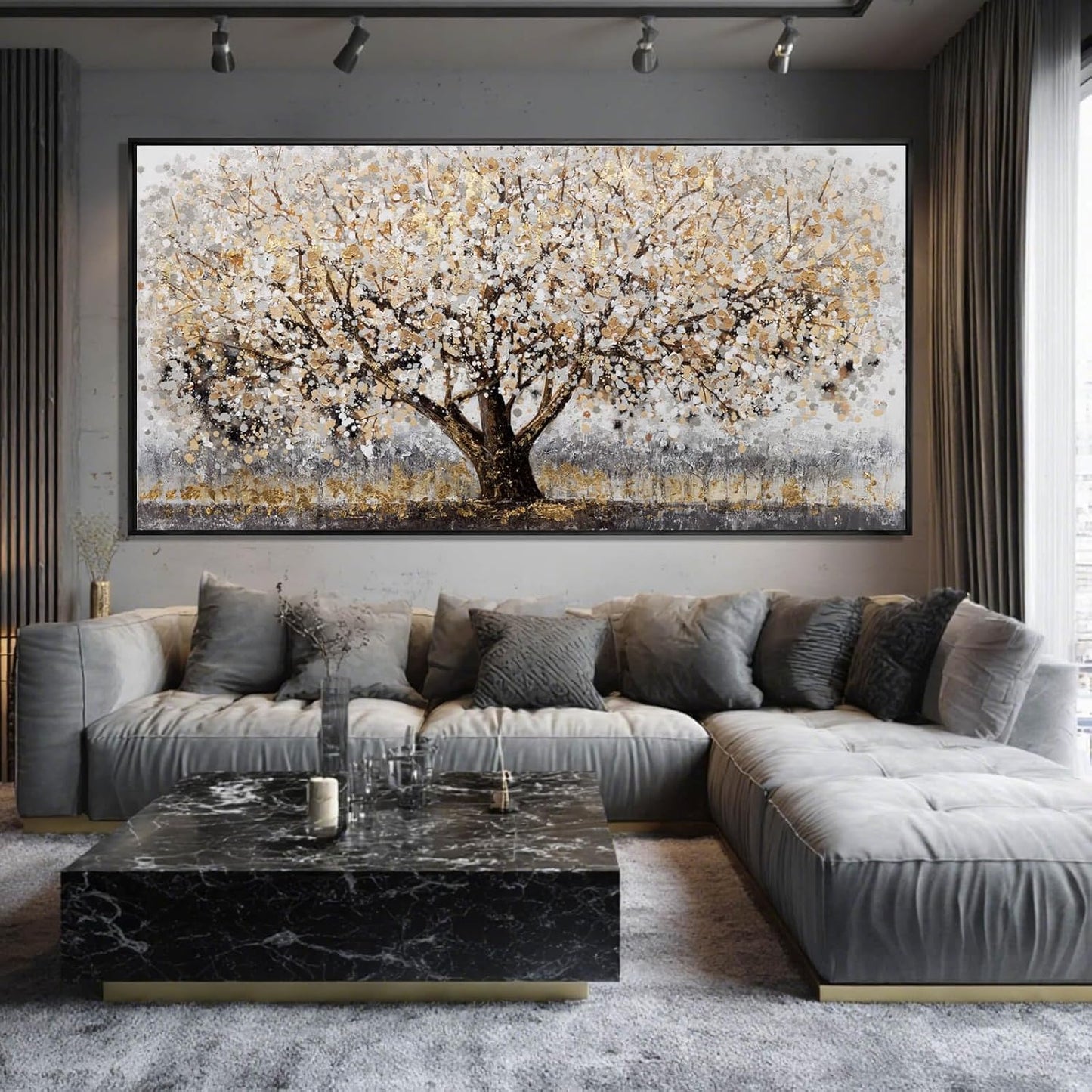 Gold Foil Canvas Wall Art Flower Wall Decor Plant Photo Prints Landscape Wall Decorations 29"x58" Large Artwork for Living Room Office