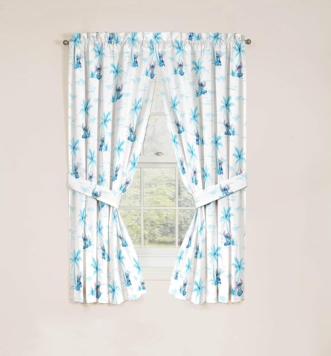 Jay Franco Window Curtains for Kids Bedroom 4-Piece Drape Set with 2 Tiebacks, White - Lilo & Stitch, 42" W x 63" L (Pack of 2)