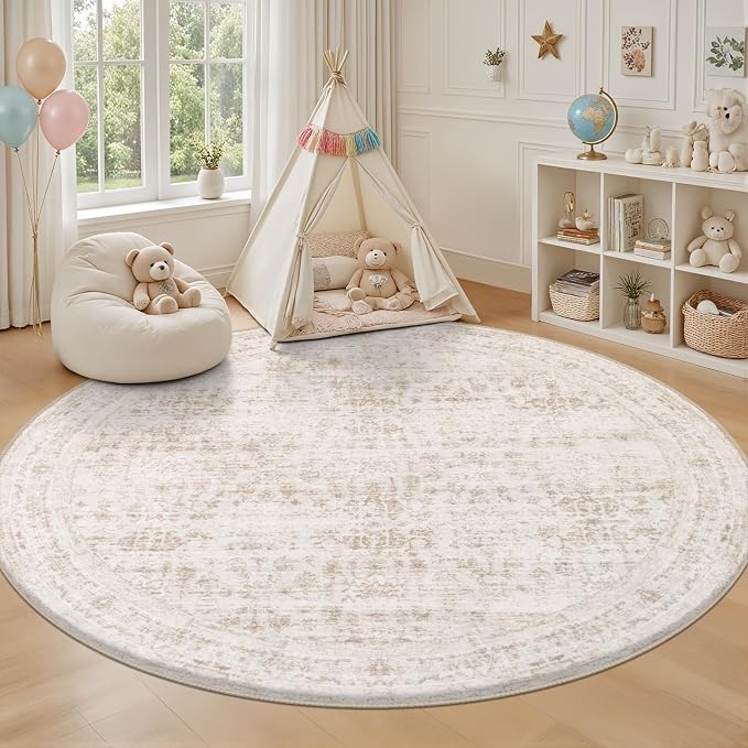 Round Area Rug for Living Room: 4 ft Washable Vintage Boho Soft Thin Circle Rug Indoor Floor No Slip Stain Resistant Carpet for Bedroom Dining Room Farmhouse Nursery Home Office -Beige Brown
