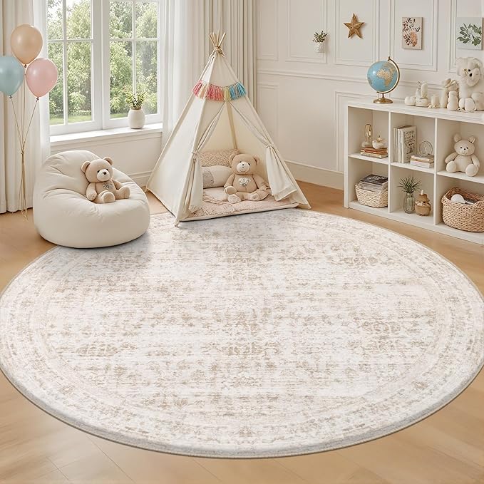 Round Area Rug for Living Room: 8 ft Washable Vintage Boho Soft Thin Circle Rug Indoor Floor No Slip Stain Resistant Carpet for Bedroom Dining Room Farmhouse Nursery Home Office -Beige Brown