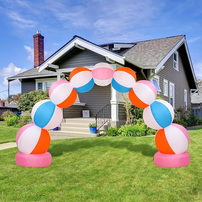 RattanView Inflatable Arch 8 ft Summer Beach Ball Party Arch Rainbow Beach Party Decoration Inflatable Pool Favors for Indoor Outdoor Lawn Yard Garden Decoration (Pink)