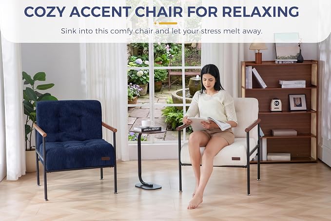 MAXYOYO Living Room Accent Chair, Modern Chair with Metal Frame | Upholstered Reading Chair Modern Living Room Chair with Support Cushion for Bedroom Balcony Porch, Navy