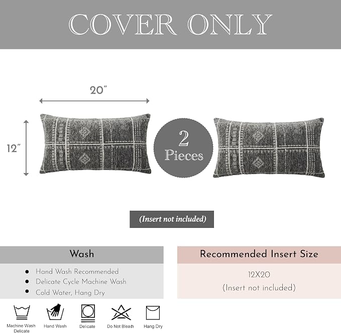 BlissBlush Decorative Lumbar Pillow Covers 12x20 Set of 2, Boho Dark Gray Chenille Accent Rectangular Throw Pillow Covers for Couch Sofa Living Room Home Décor (Cover Only)
