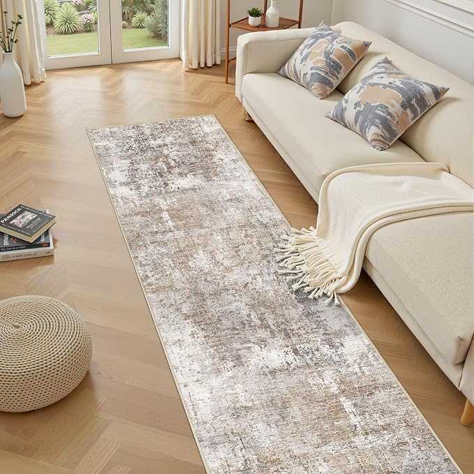 UERMEI 2x10 Washable Runner Rug for Hallway, Non Slip Low Pile Kitchen Carpet, Neutral Modern Abstract Indoor Floor Mat for Entryway Laundry, Kid & Pet Safe High Traffic Area, Brown/Grey/Red