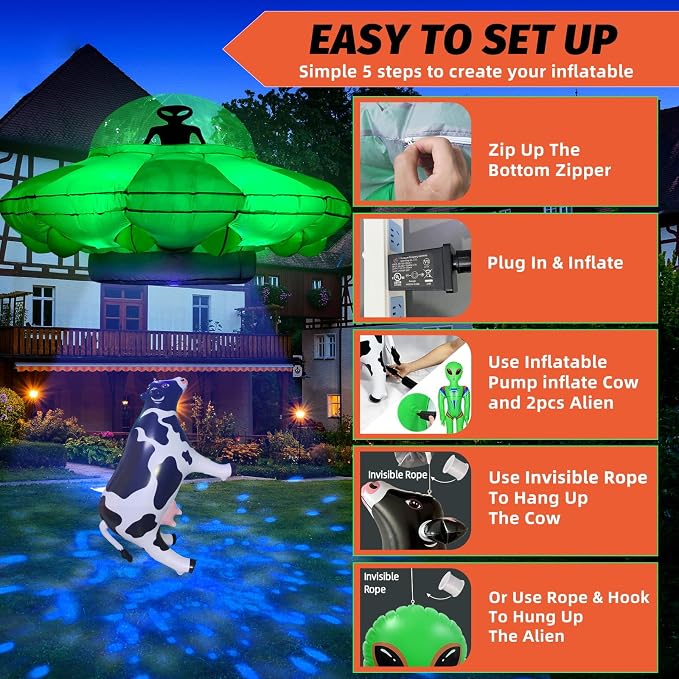 Alien Party Decorations 4.2FT Hanging Alien UFO Cow Abduction Inflatable with Cow&2pcs Jumbo Alien Halloween Inflatable UFO Built-in Green LED Blue&White Flashing Light Blow Up Yard Home Garden Decor
