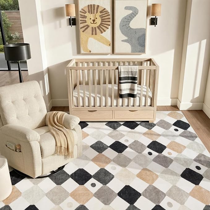 jinchan Macy 6x9 Kids Area Rug for Classroom Black and White Modern Nursery Rug Colorful Checkered Diamond Play Mat Washable Soft Non Slip Carpet for Playroom Bedroom Daycare Marble on Cream