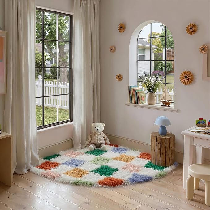 PureCozy Checkered Rug 3ft Radius Corner for Playroom, Modern Neutral Shag Rug Washable Non-Slip Large Area Rug Super Soft Indoor Fuzzy Carpet Fluffy Rugs for Bedroom Home Aesthetic Decor