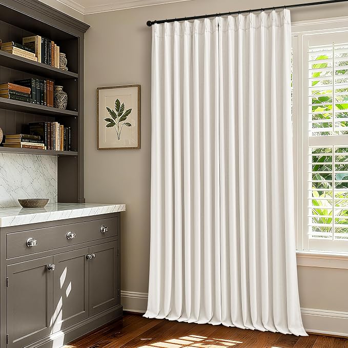 Ivory Cream Pleated 100% Blackout Linen Curtains 86 Inches Long for Bedroom Living Room Memory Trained Pinch Pleat Back Tab Black Out Thermal Noise Blocking Double Layer Windows Drapes 2 Panels Set
