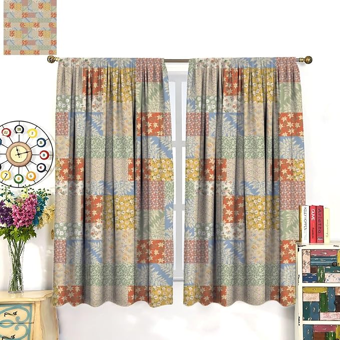 Boho Patchwork Floral Blackout Curtains Pieced Patchwork Plaid Design Farmhouse Yellow Print Window Drapes for Bedroom Living Room Kitchen Cafe (W31.5xL72 Inch) x2 Panels