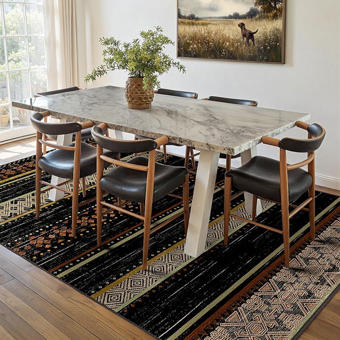 BESTSWEETIE 6x9 Area Rugs for Living Room Washable Moroccan Farmhouse Neutral Geometric Low Pile Non-Slip Soft Print Pattern Rug for Bedroom Kitchen Dining Room Entryway Black/Red/Brown/Cream/Yellow