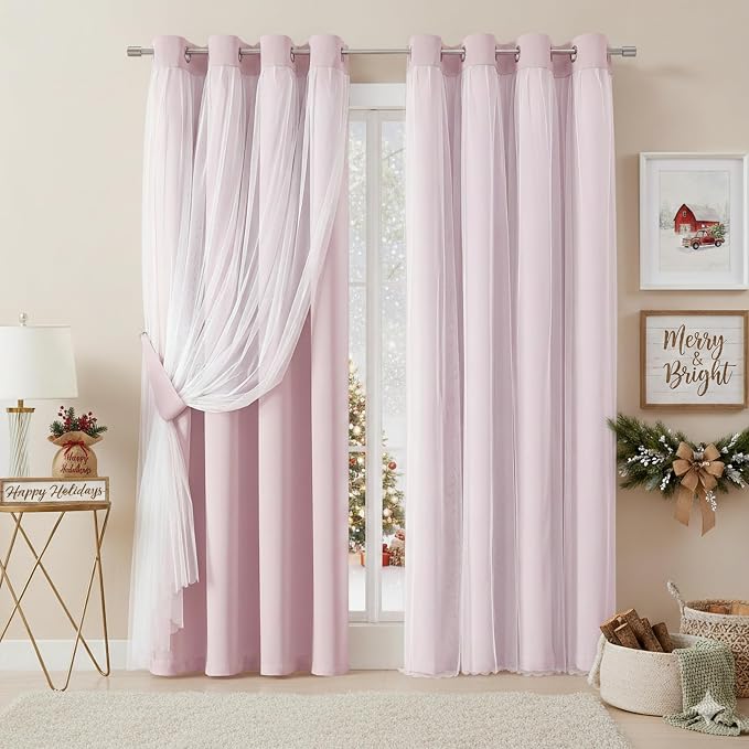 Bujasso Pink Blackout Curtains with Sheer Overlay Mix and Match Double Layer 80% Room Darkening Window Treatment Set for Girls Bedroom Living Room Pink Drapes with Tiebacks Grommet Top 54" Wx90 Lx2