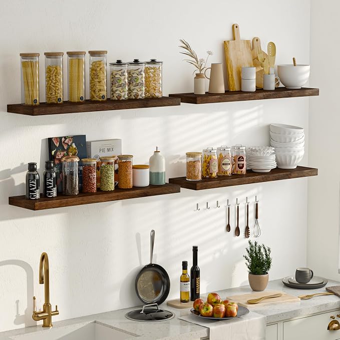 Fun Memories 55" Floating Shelves for Wall, Rustic Solid Elm Wood Floating Shelf - Invisible Bracket Mount, Extra Long Wall Mounted Shelf for Living Room, Bathroom, Bedroom, Kitchen, Walnut