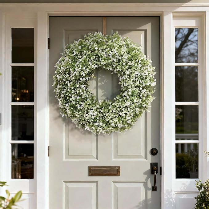 26" Large Artificial Boxwood Wreath for Front Door (White-Green) | Waterproof Fade Resistant,Premium Durable,Faux Aglaia Odorata Wreath,for Wall Window Farmhouse Outdoor All Seasons Decor