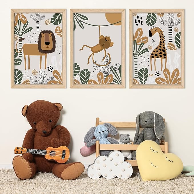 Safari Wall Decor Nursery Art Jungle 16x24 set of 3 Wood Frame for Kids | Animal Cartoon Lion Monkey Giraffe Prints, Baby/Toddler Room, Boho Jungle Theme