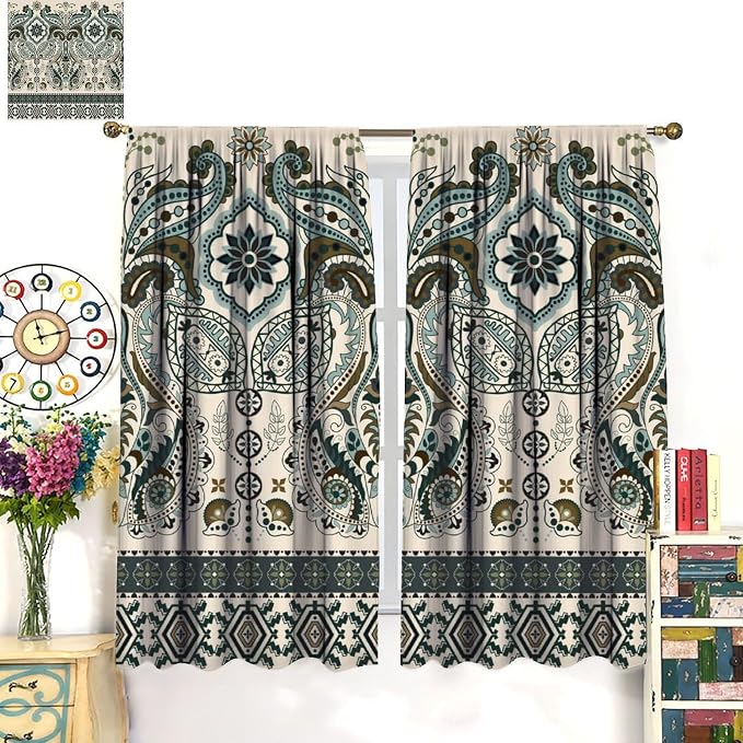 Bohemian-Style Curtains with Vintage Floral Patterns in Green and Brown Natural Tones; Blackout Curtains for Bedrooms, Living Rooms, and Kitchens42X54 Inch