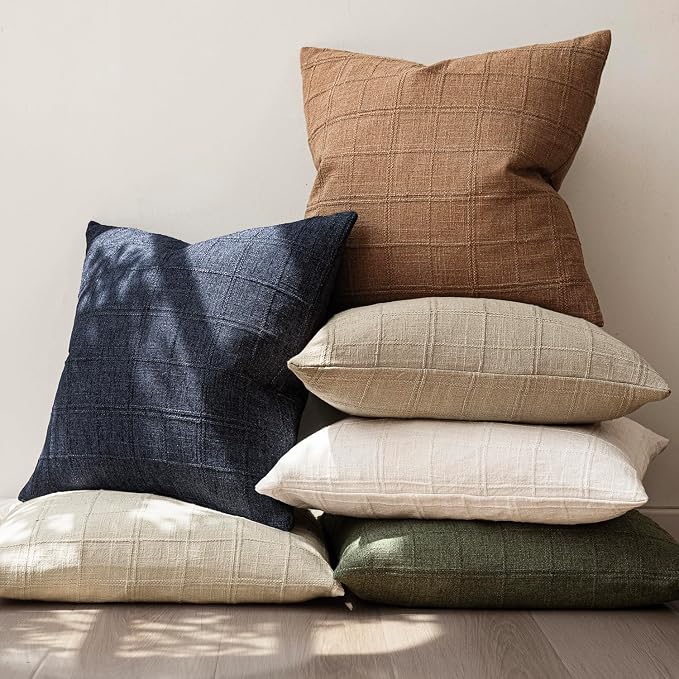Foindtower Set of 2 Decorative Linen Check Throw Pillow Covers Neutral Farmhouse Vintage Cushion Covers Modern Boho Home Decor for Sofa Chair Couch Bedroom Living Room,16×16 Inch,Brick