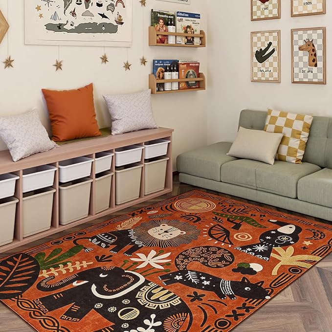 jinchan 5x7 Cute Area Rug Kids Washable Fun Rug Terracotta Boho Jungle Indoor Floor Cover Non Slip Safari Lightweight Soft Cozy Carpet for Nursery Playroom Daycare Bedroom Living Room