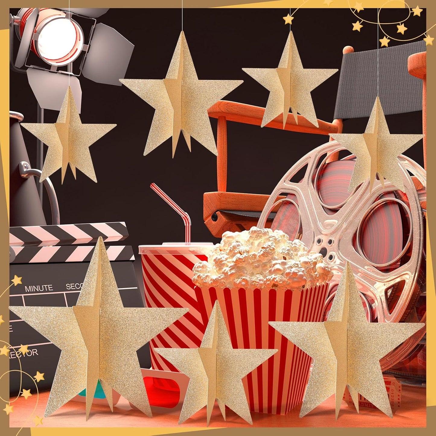 45 Pcs 3D Star Centerpieces Movie Night Decorations for Table in 3 Sizes Hanging Supplies for Red Carpet Film Show Theme Birthday New Year Party First Day of School Table Decor(Champagne)